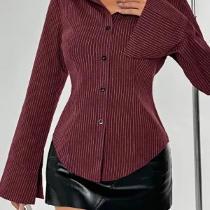 Wine Striped Cinched Waist Shirt
