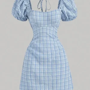 Light Blue Plaid Puff Sleeves Mini Dress